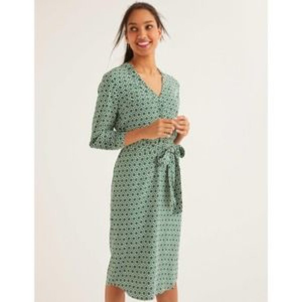 Boden Florence Green Patterned Dress Size 8 Geometric Knee Length Tie Waist